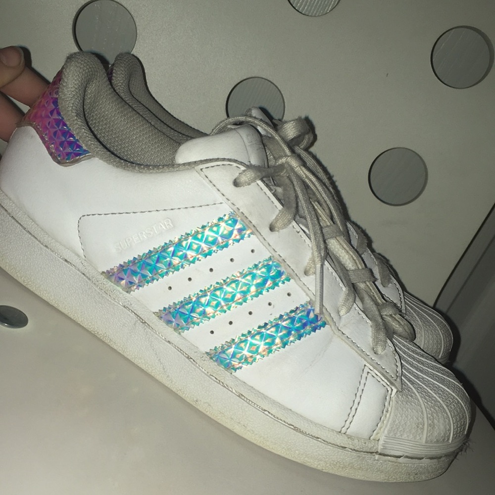 Girls iridescent, white, superstar sneakers!